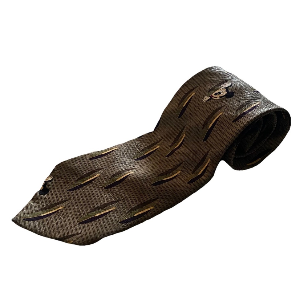 Walt Disney World Brown Mickey Mouse Peeking 100% Silk Neck Tie 58", 3.75" EUC